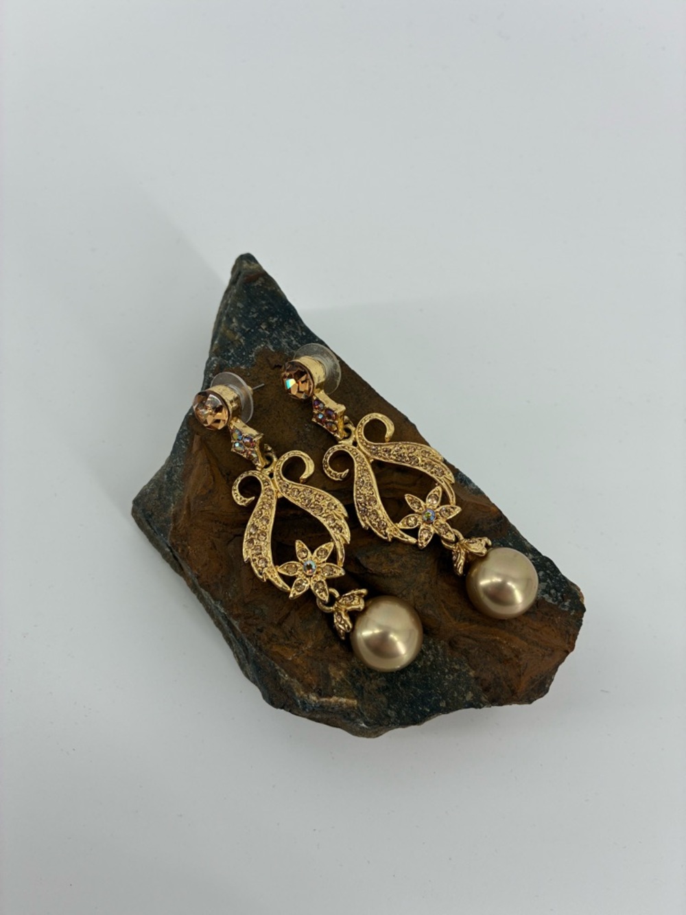 Gold Floral Drop Earrings with Champagne Pearl
